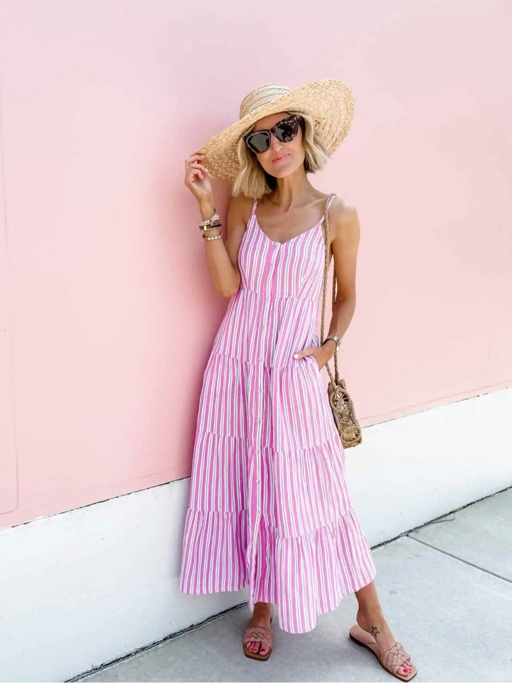 Pink Striped  Tie‑Shoulder Maxi Dress